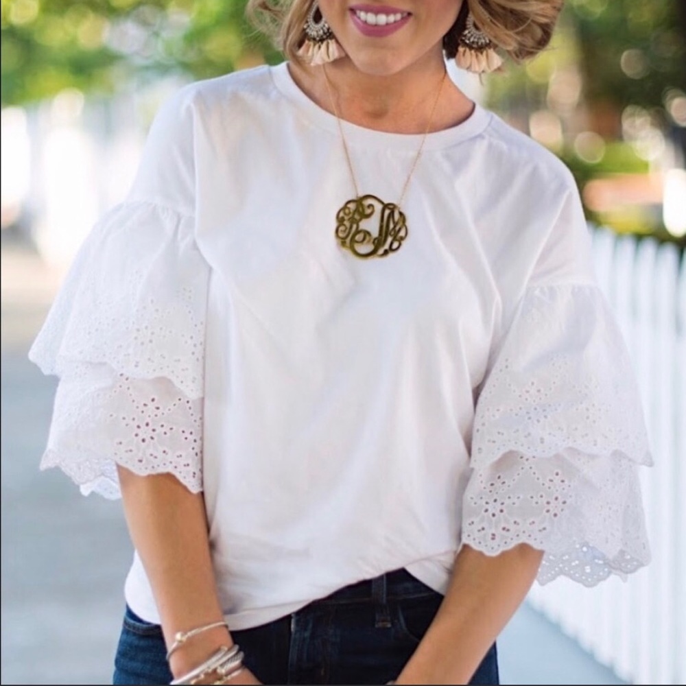 TOPSHOP White Eyelet Double Layer Sleeve Tee Shirt - Picture 7 of 15